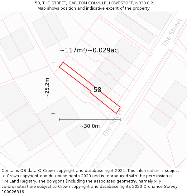 58, THE STREET, CARLTON COLVILLE, LOWESTOFT, NR33 8JP: Plot and title map