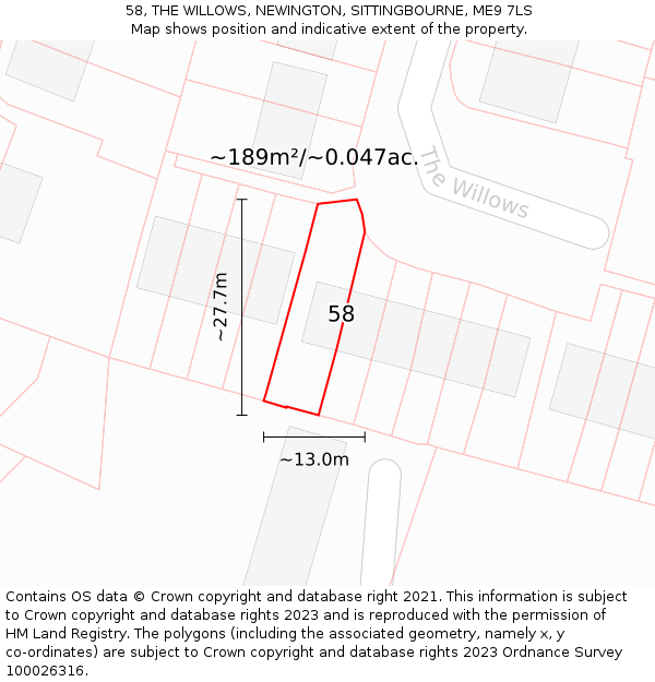 58, THE WILLOWS, NEWINGTON, SITTINGBOURNE, ME9 7LS: Plot and title map