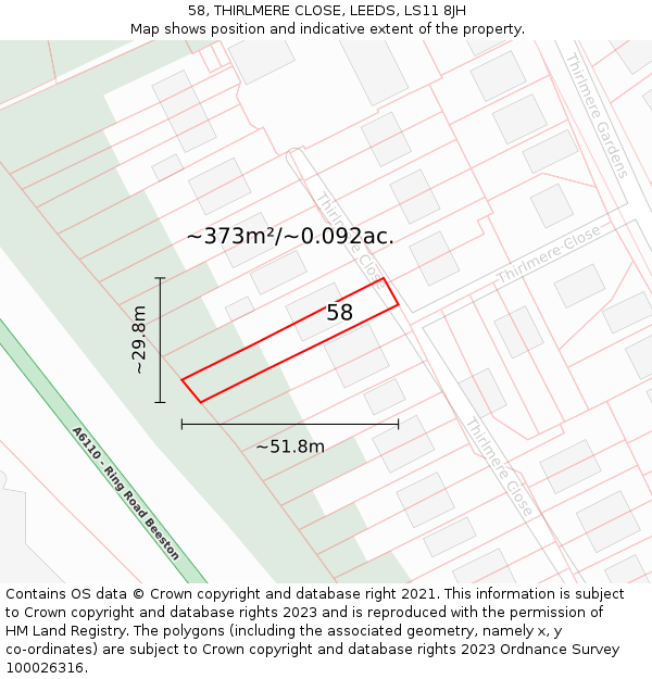 58, THIRLMERE CLOSE, LEEDS, LS11 8JH: Plot and title map