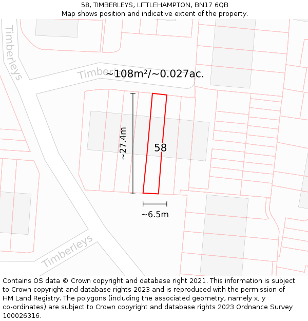 58, TIMBERLEYS, LITTLEHAMPTON, BN17 6QB: Plot and title map