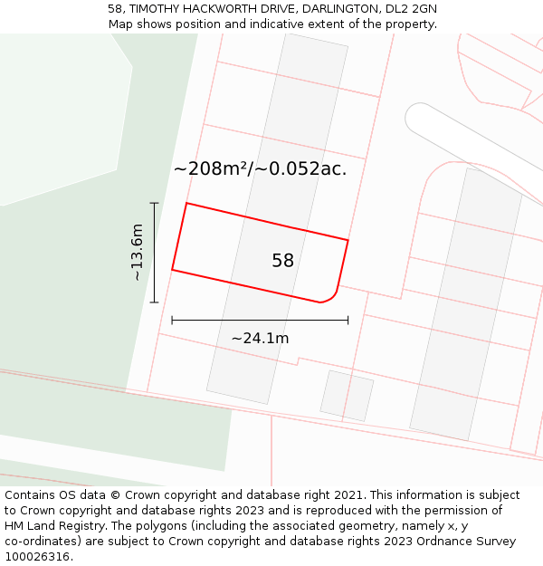 58, TIMOTHY HACKWORTH DRIVE, DARLINGTON, DL2 2GN: Plot and title map