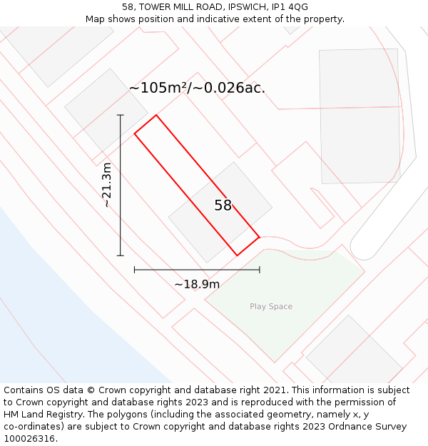 58, TOWER MILL ROAD, IPSWICH, IP1 4QG: Plot and title map