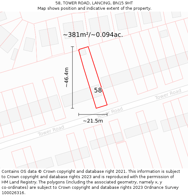 58, TOWER ROAD, LANCING, BN15 9HT: Plot and title map