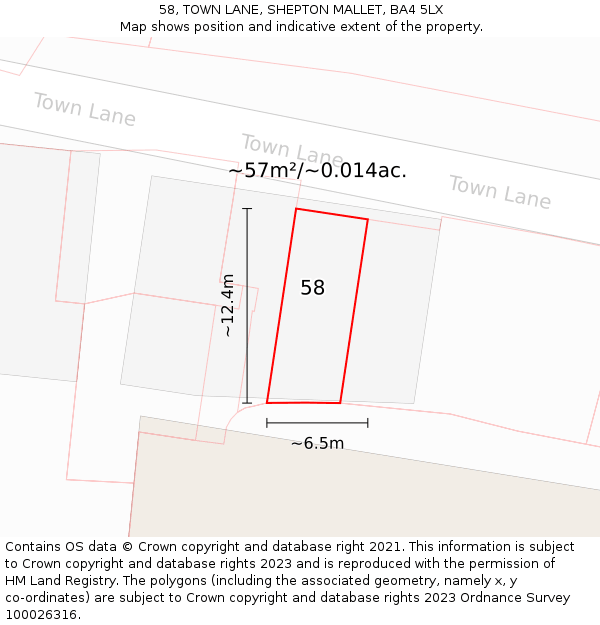 58, TOWN LANE, SHEPTON MALLET, BA4 5LX: Plot and title map