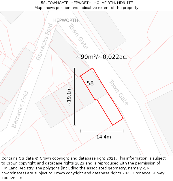 58, TOWNGATE, HEPWORTH, HOLMFIRTH, HD9 1TE: Plot and title map