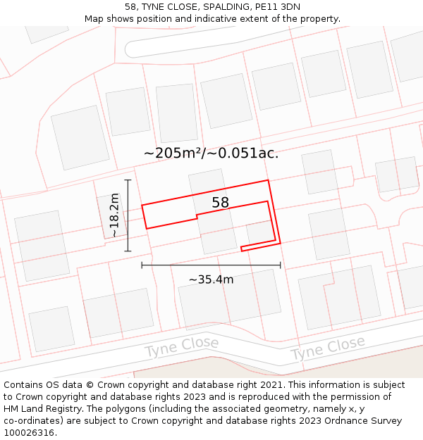 58, TYNE CLOSE, SPALDING, PE11 3DN: Plot and title map