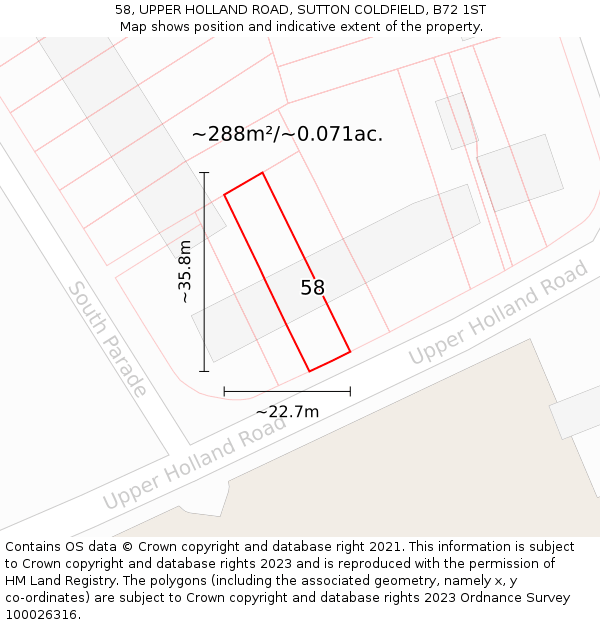 58, UPPER HOLLAND ROAD, SUTTON COLDFIELD, B72 1ST: Plot and title map