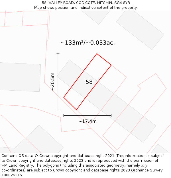 58, VALLEY ROAD, CODICOTE, HITCHIN, SG4 8YB: Plot and title map