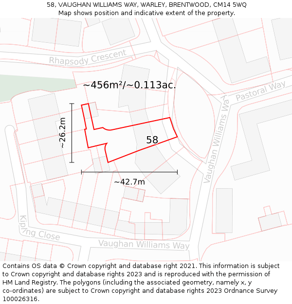58, VAUGHAN WILLIAMS WAY, WARLEY, BRENTWOOD, CM14 5WQ: Plot and title map