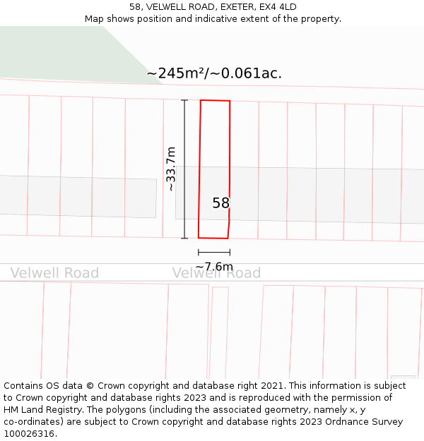 58, VELWELL ROAD, EXETER, EX4 4LD: Plot and title map