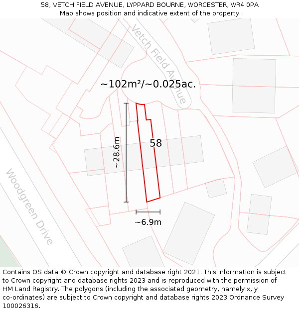 58, VETCH FIELD AVENUE, LYPPARD BOURNE, WORCESTER, WR4 0PA: Plot and title map