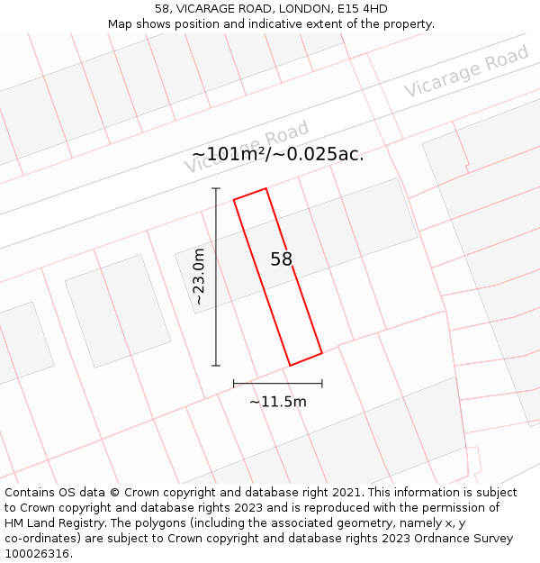 58, VICARAGE ROAD, LONDON, E15 4HD: Plot and title map