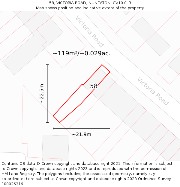58, VICTORIA ROAD, NUNEATON, CV10 0LR: Plot and title map