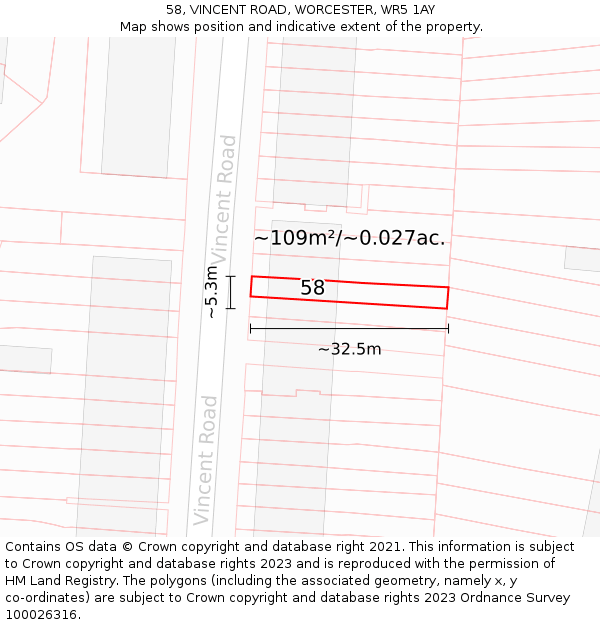 58, VINCENT ROAD, WORCESTER, WR5 1AY: Plot and title map