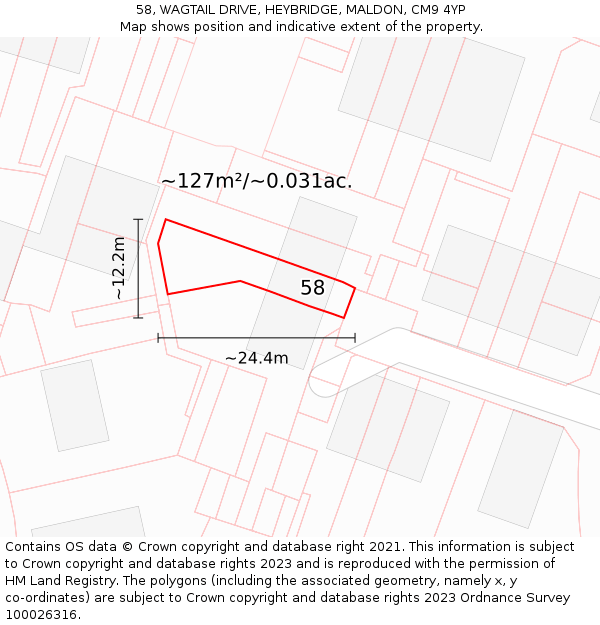 58, WAGTAIL DRIVE, HEYBRIDGE, MALDON, CM9 4YP: Plot and title map