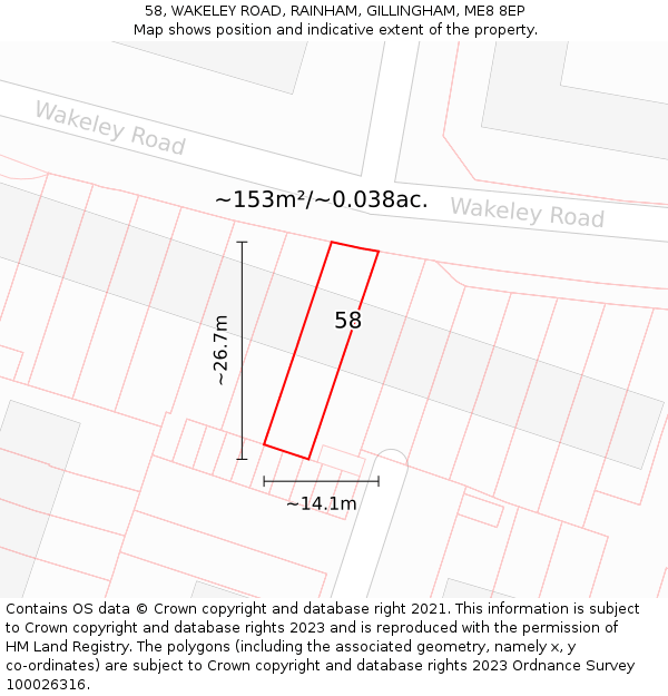 58, WAKELEY ROAD, RAINHAM, GILLINGHAM, ME8 8EP: Plot and title map