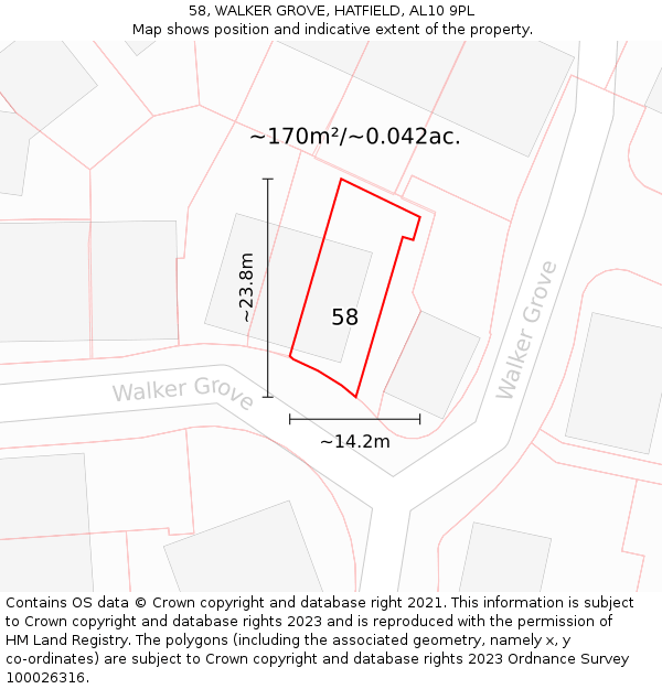 58, WALKER GROVE, HATFIELD, AL10 9PL: Plot and title map