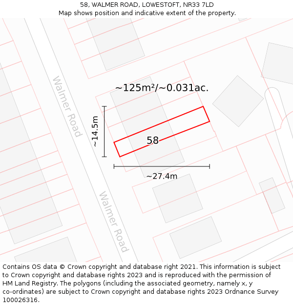 58, WALMER ROAD, LOWESTOFT, NR33 7LD: Plot and title map