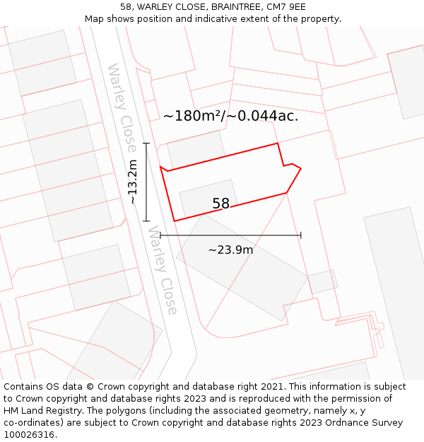 58, WARLEY CLOSE, BRAINTREE, CM7 9EE: Plot and title map