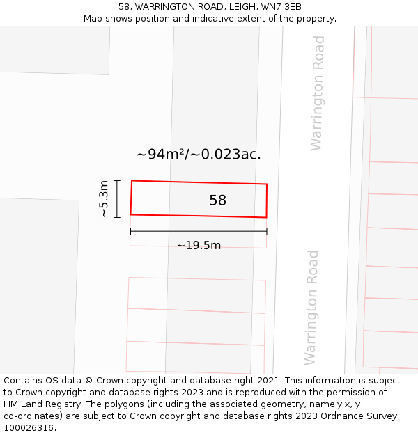 58, WARRINGTON ROAD, LEIGH, WN7 3EB: Plot and title map