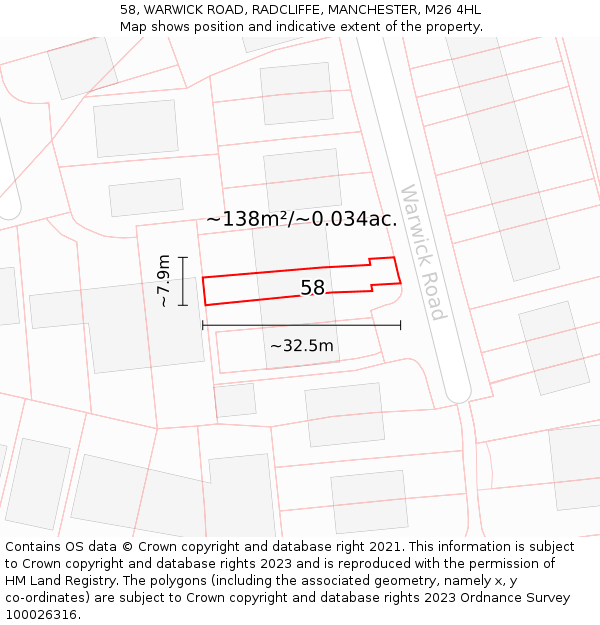 58, WARWICK ROAD, RADCLIFFE, MANCHESTER, M26 4HL: Plot and title map