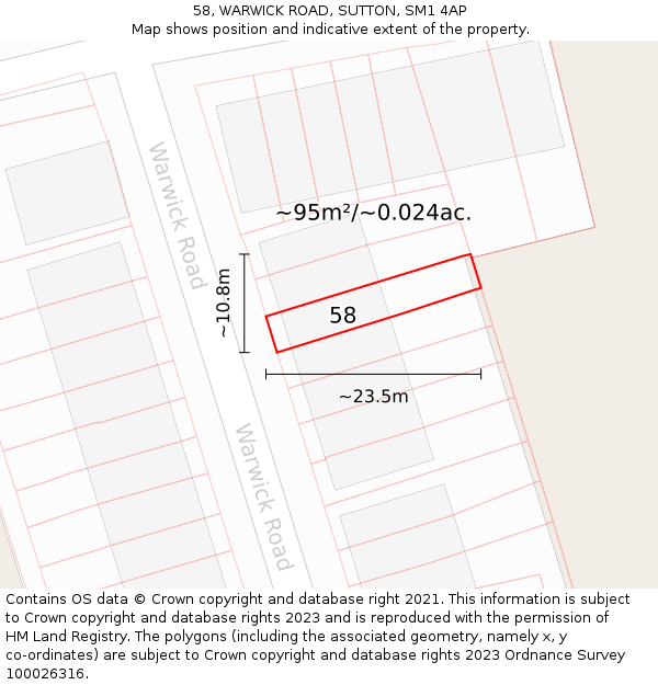 58, WARWICK ROAD, SUTTON, SM1 4AP: Plot and title map