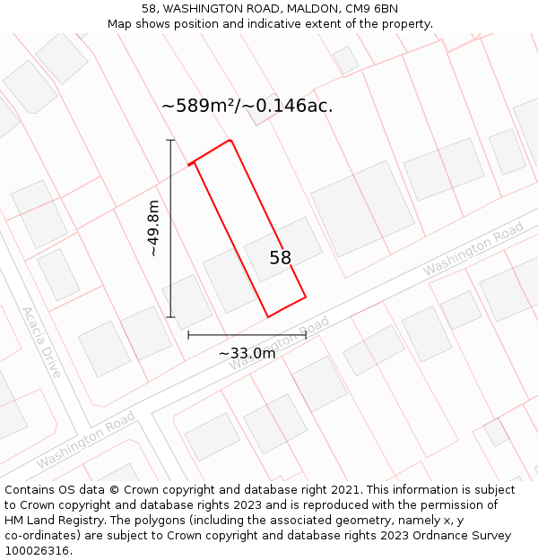 58, WASHINGTON ROAD, MALDON, CM9 6BN: Plot and title map
