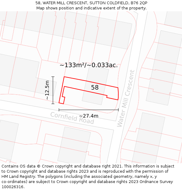 58, WATER MILL CRESCENT, SUTTON COLDFIELD, B76 2QP: Plot and title map