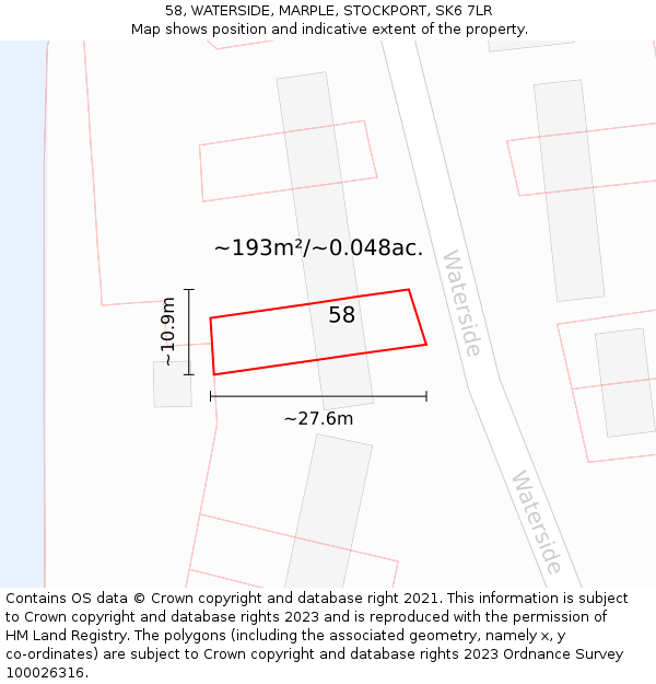 58, WATERSIDE, MARPLE, STOCKPORT, SK6 7LR: Plot and title map