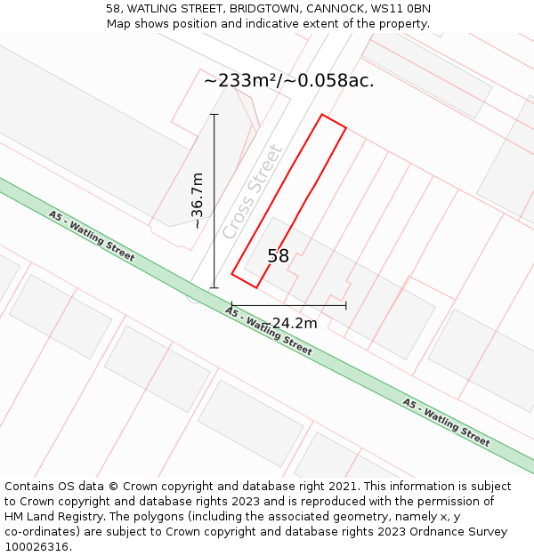 58, WATLING STREET, BRIDGTOWN, CANNOCK, WS11 0BN: Plot and title map