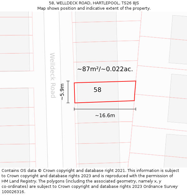 58, WELLDECK ROAD, HARTLEPOOL, TS26 8JS: Plot and title map