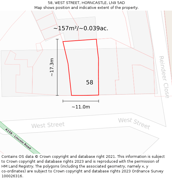 58, WEST STREET, HORNCASTLE, LN9 5AD: Plot and title map