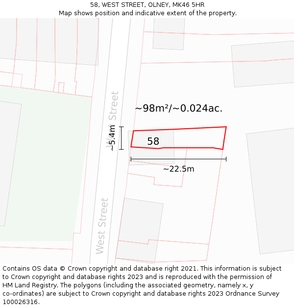 58, WEST STREET, OLNEY, MK46 5HR: Plot and title map