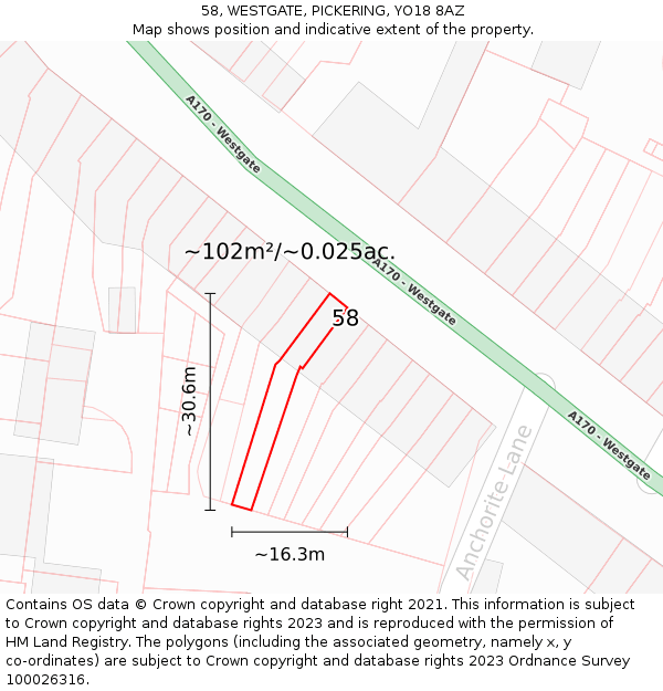58, WESTGATE, PICKERING, YO18 8AZ: Plot and title map