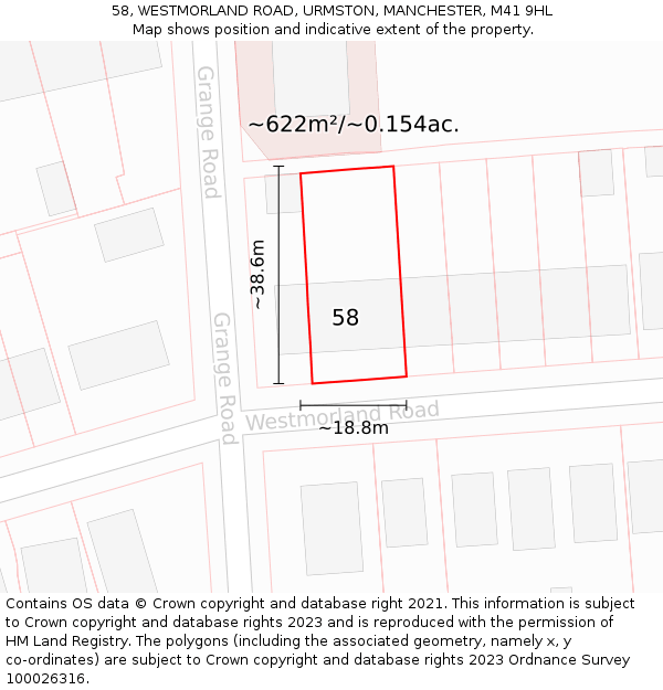 58, WESTMORLAND ROAD, URMSTON, MANCHESTER, M41 9HL: Plot and title map