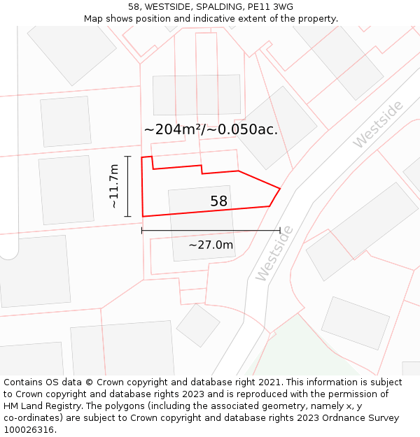 58, WESTSIDE, SPALDING, PE11 3WG: Plot and title map