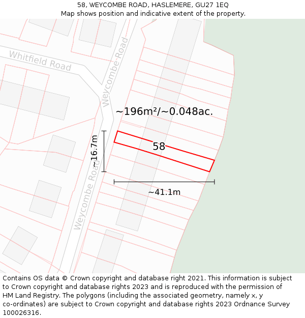 58, WEYCOMBE ROAD, HASLEMERE, GU27 1EQ: Plot and title map