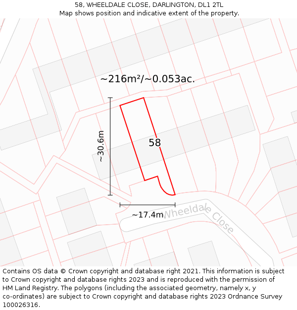 58, WHEELDALE CLOSE, DARLINGTON, DL1 2TL: Plot and title map