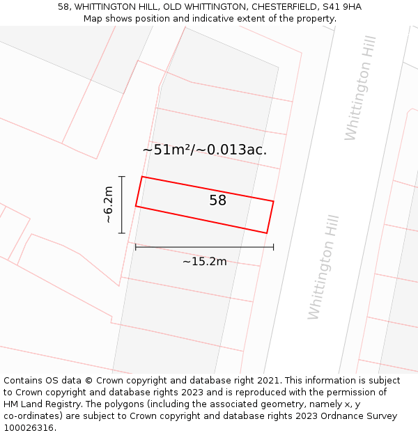 58, WHITTINGTON HILL, OLD WHITTINGTON, CHESTERFIELD, S41 9HA: Plot and title map