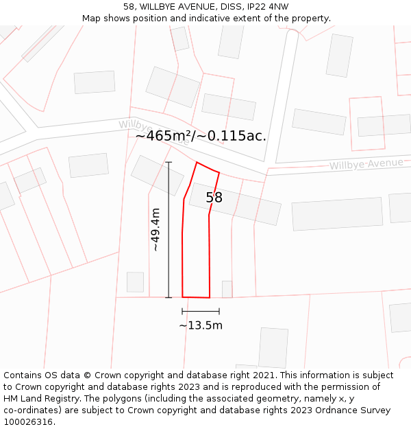 58, WILLBYE AVENUE, DISS, IP22 4NW: Plot and title map