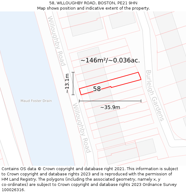 58, WILLOUGHBY ROAD, BOSTON, PE21 9HN: Plot and title map