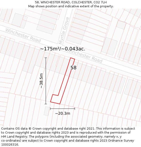 58, WINCHESTER ROAD, COLCHESTER, CO2 7LH: Plot and title map