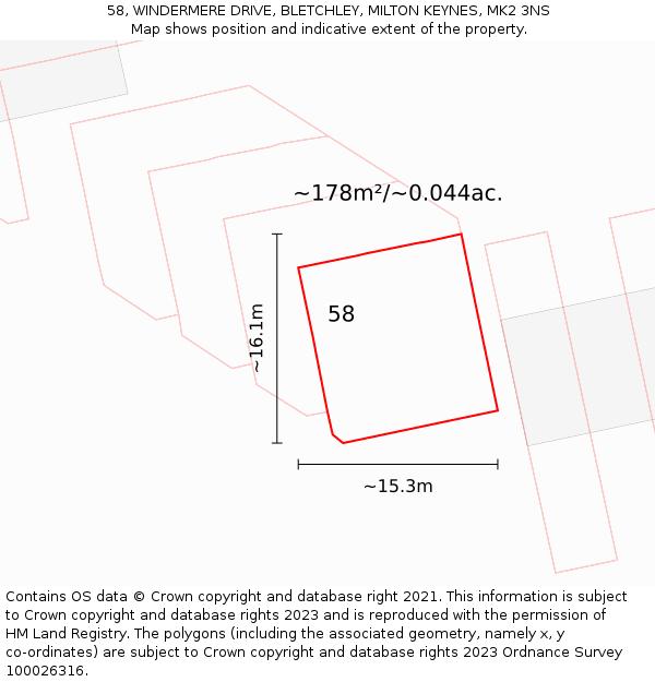 58, WINDERMERE DRIVE, BLETCHLEY, MILTON KEYNES, MK2 3NS: Plot and title map