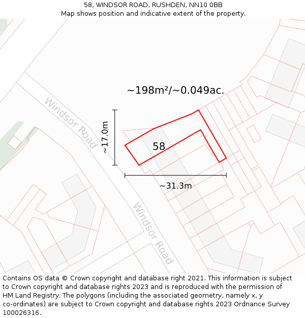 58, WINDSOR ROAD, RUSHDEN, NN10 0BB: Plot and title map
