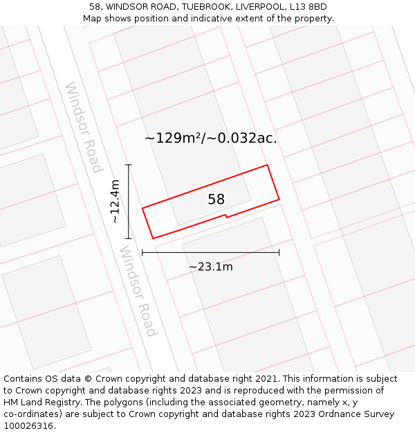 58, WINDSOR ROAD, TUEBROOK, LIVERPOOL, L13 8BD: Plot and title map