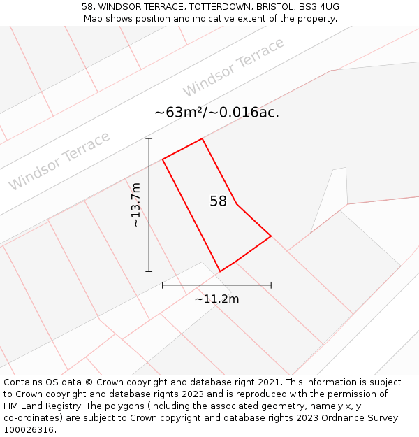 58, WINDSOR TERRACE, TOTTERDOWN, BRISTOL, BS3 4UG: Plot and title map