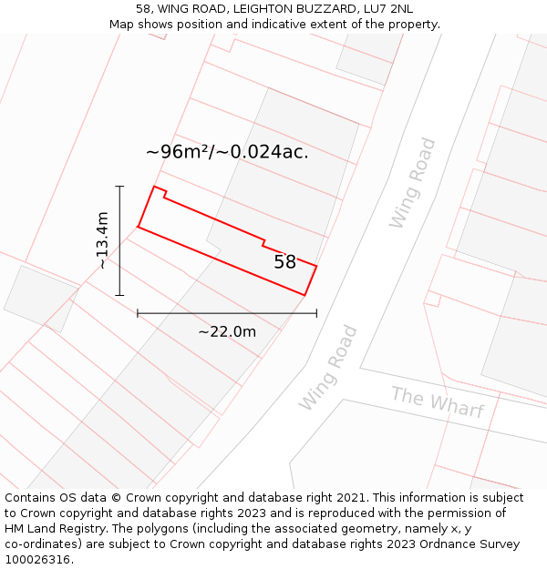 58, WING ROAD, LEIGHTON BUZZARD, LU7 2NL: Plot and title map