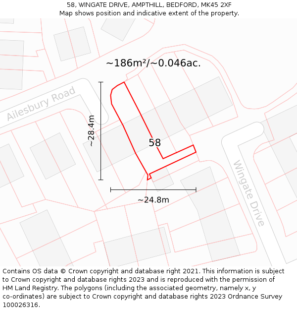 58, WINGATE DRIVE, AMPTHILL, BEDFORD, MK45 2XF: Plot and title map
