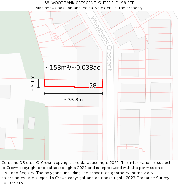 58, WOODBANK CRESCENT, SHEFFIELD, S8 9EF: Plot and title map