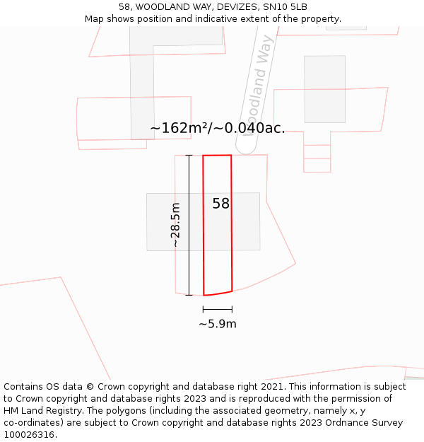 58, WOODLAND WAY, DEVIZES, SN10 5LB: Plot and title map